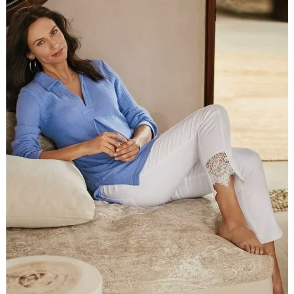 SOFT SURROUNDINGS Ultimate High Rise Lace Hem Slim Crop White Jeans Pant 8P Boho